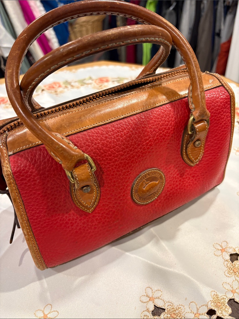 Dooney & Bourke Red Leather Mini Satchel with Tan Trim